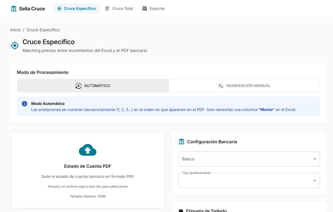 Sella Cruce — the Cruce Específico screen, with processing mode and PDF upload